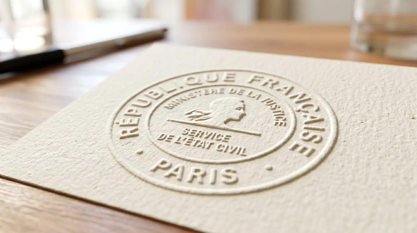 Gros plan macro sur un tampon officiel apposé sur un document avec signature manuscrite visible en arrière-plan flouté