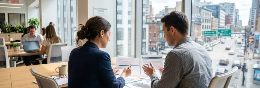 Deux professionnels de dos échangent des documents dans un bureau lumineux avec grandes fenêtres