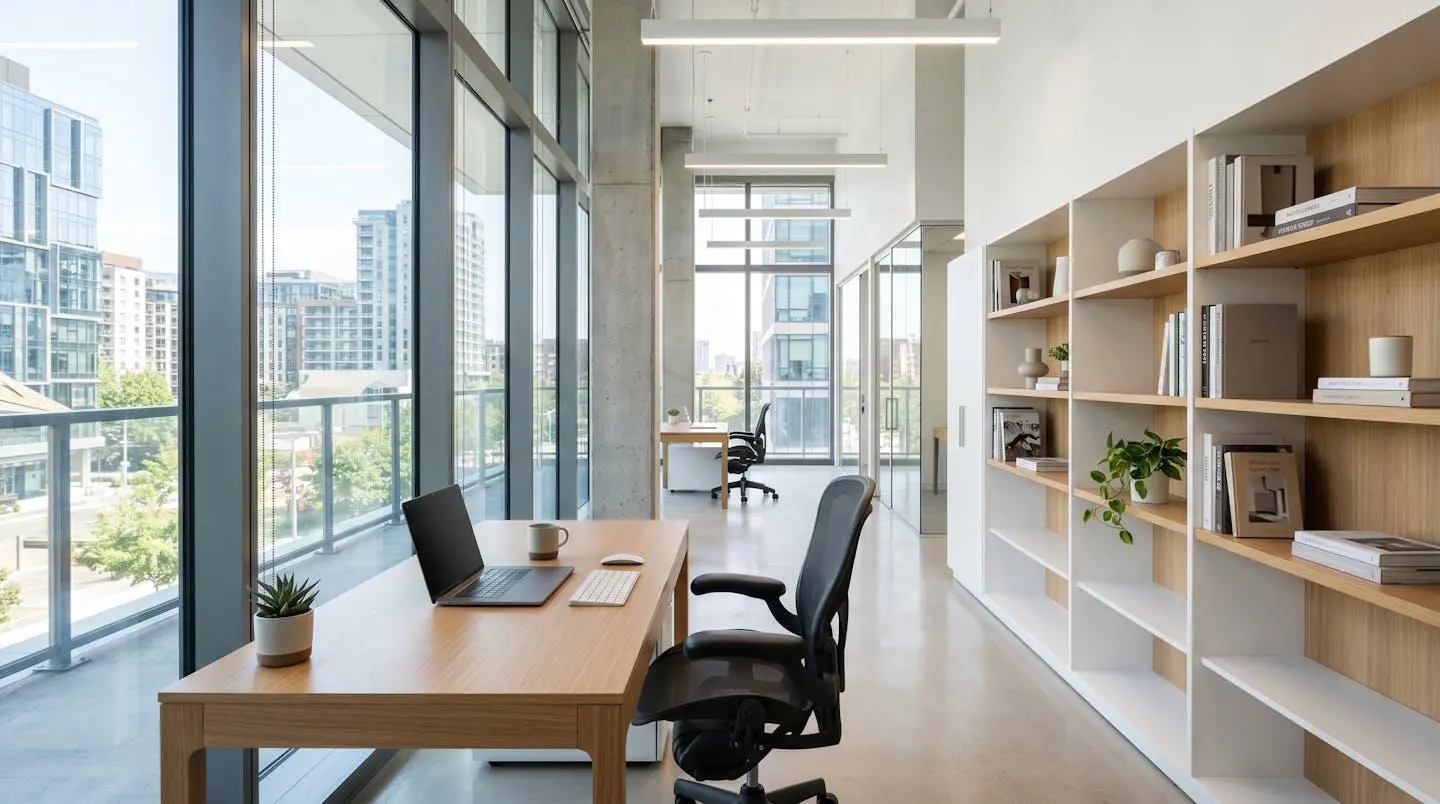 Salle d'audience de tribunal de commerce français moderne vide avec bancs en bois et lumière naturelle par les hautes fenêtres