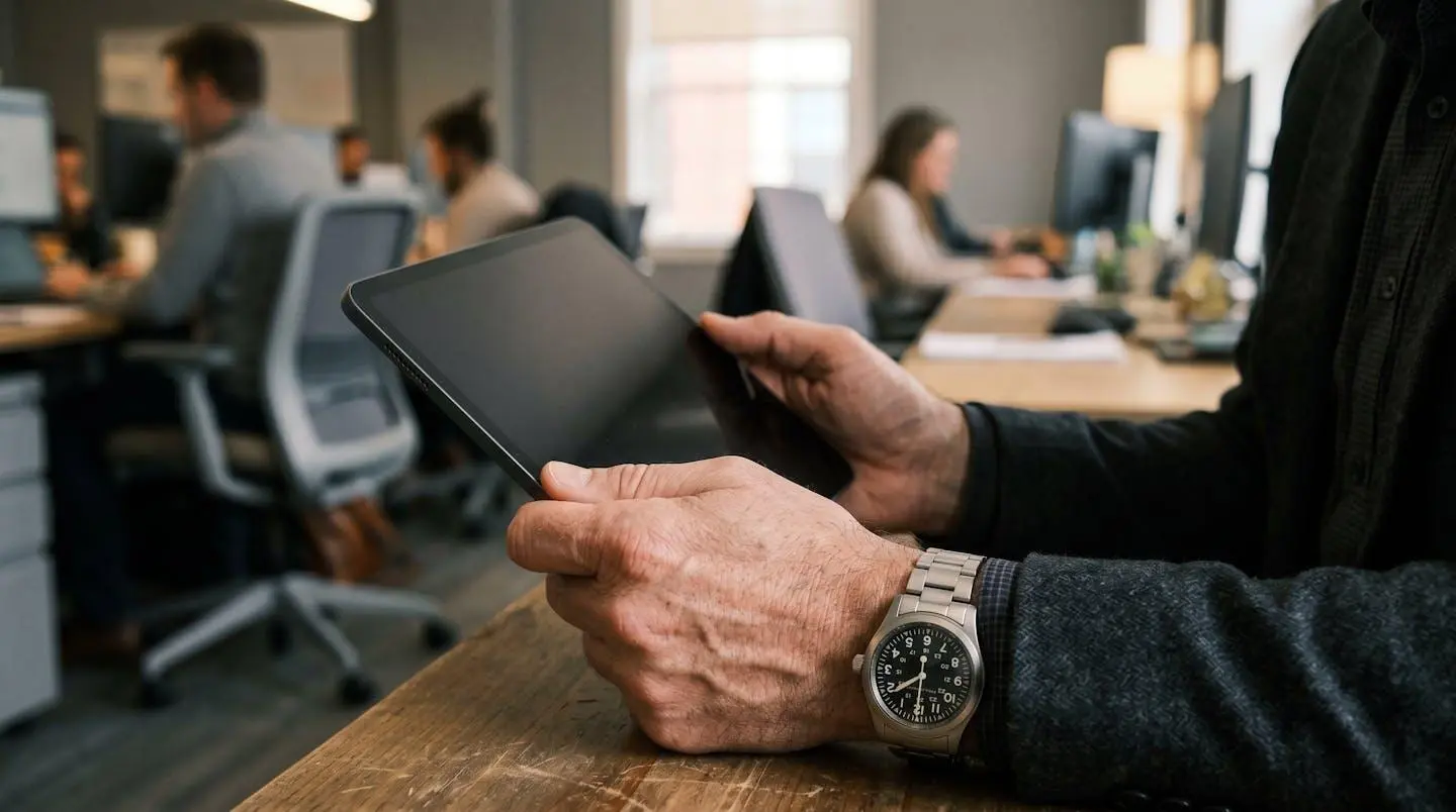 Gros plan sur les mains d'un professionnel qui vérifie un document numérique sur une tablette, avec une montre visible au poignet, dans un bureau sobre