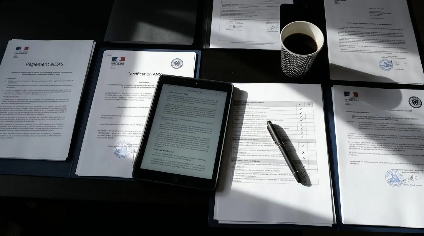 Documents officiels règlement eIDAS et certification ANSSI sur bureau avec checklist de conformité