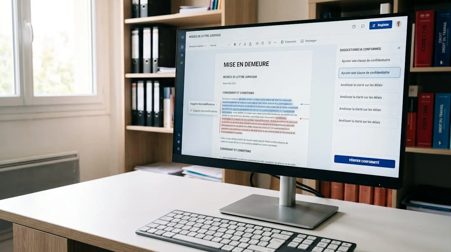 Interface d'IA générative assistant la rédaction d'une mise en demeure sur écran professionnel avec suggestions automatiques