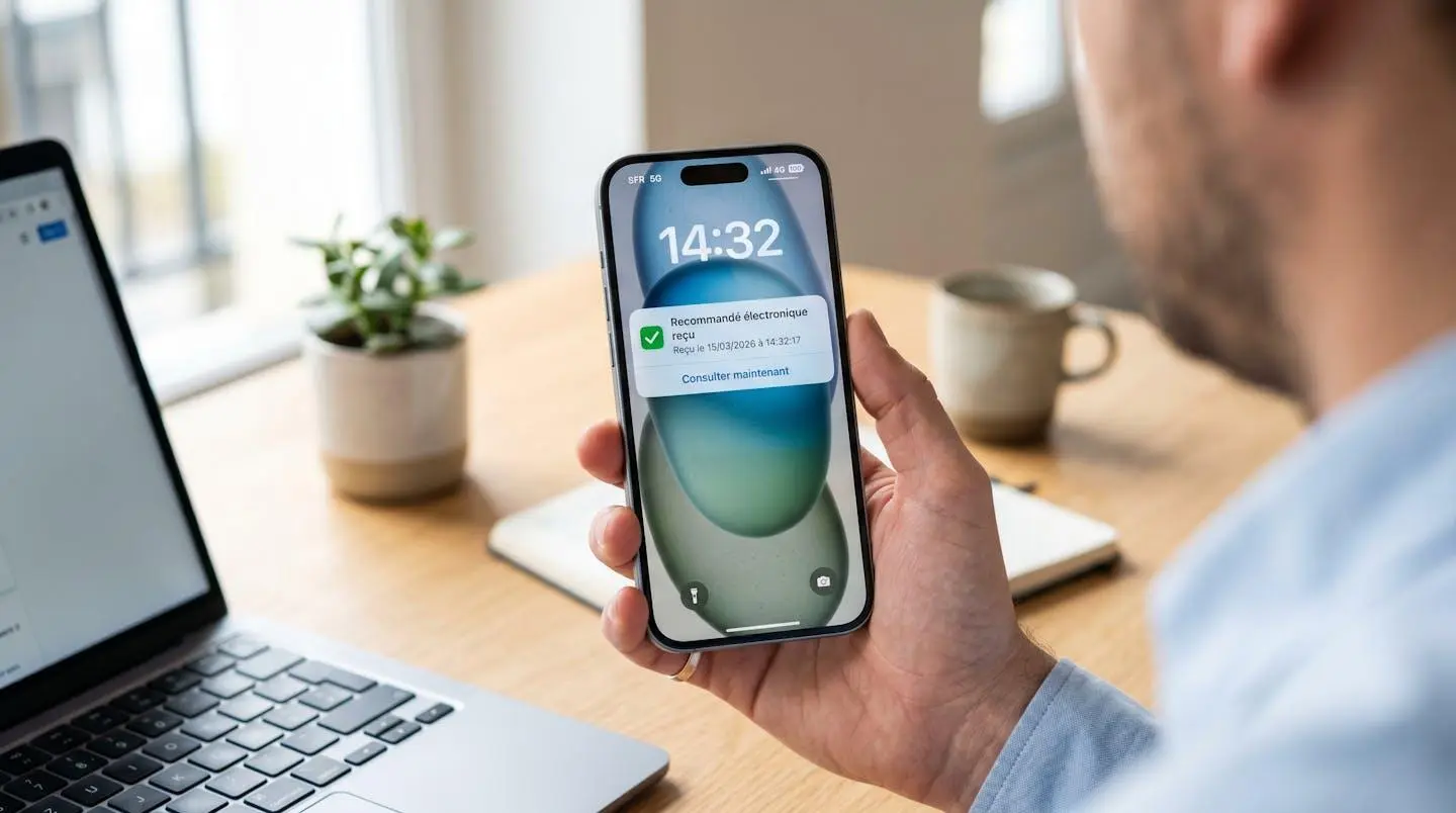 Notification mobile en temps réel de réception d'un recommandé électronique avec horodatage précis à la seconde
