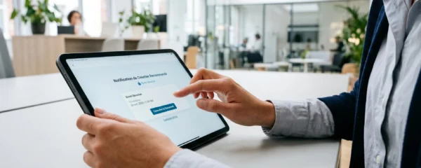 Professionnelle consultant une notification de recommandé électronique conforme eIDAS sur tablette dans un bureau moderne lumineux