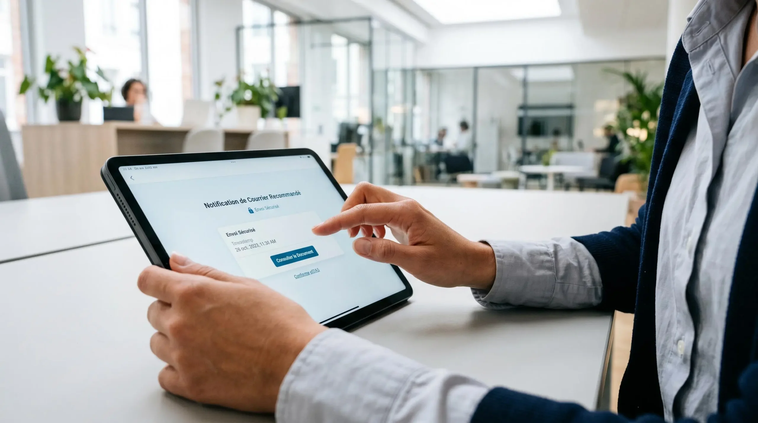 Professionnelle consultant une notification de recommandé électronique conforme eIDAS sur tablette dans un bureau moderne lumineux
