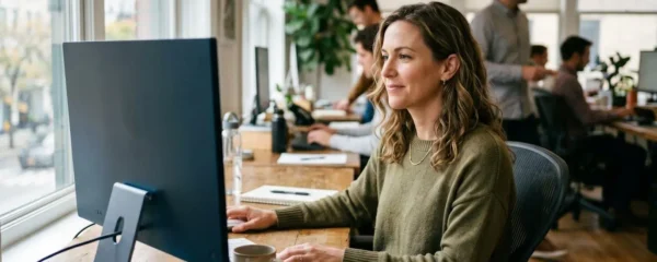 Responsable administrative d'une PME consultant son espace client LRE sur un ordinateur de bureau dans un open space lumineux