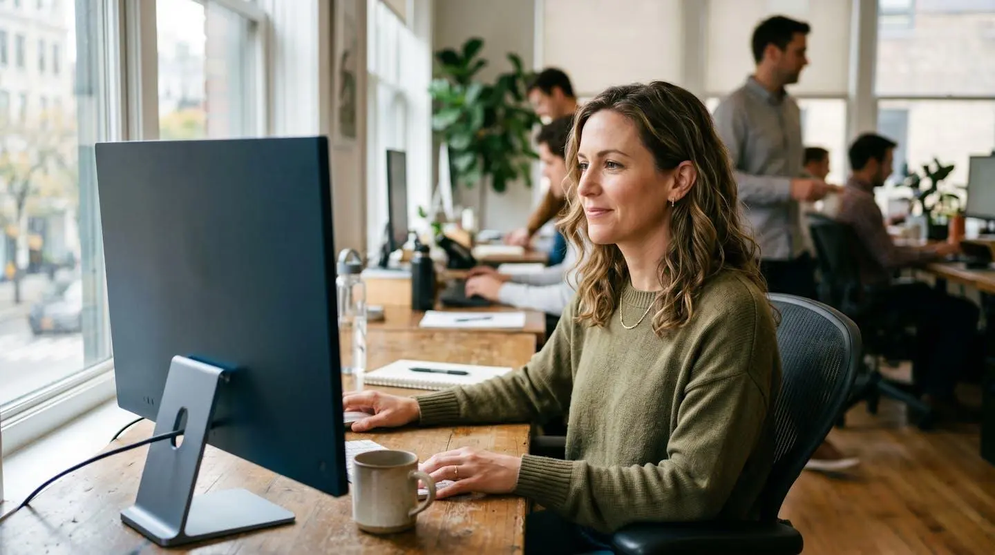 Responsable administrative d'une PME consultant son espace client LRE sur un ordinateur de bureau dans un open space lumineux