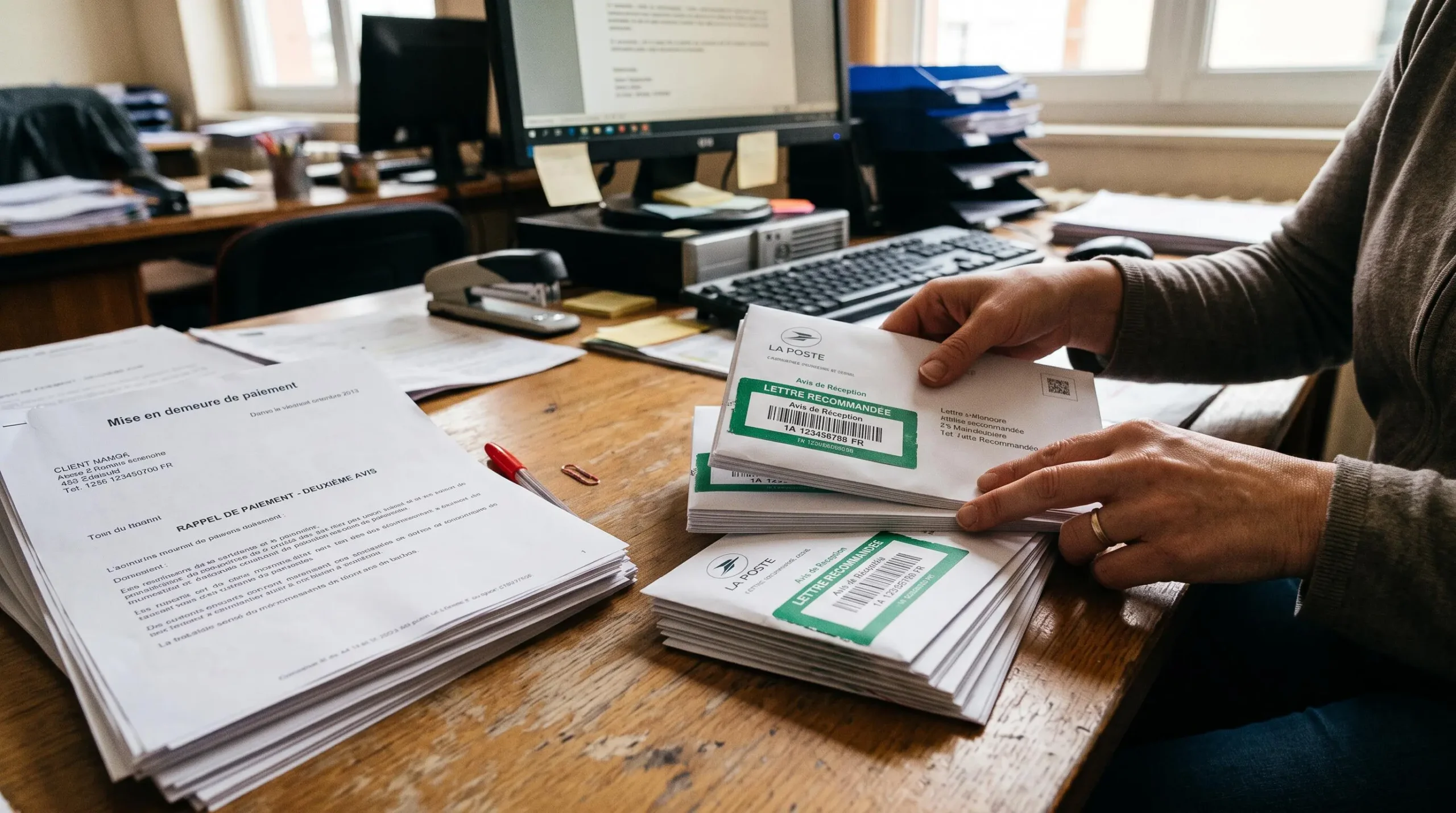 Mains d'un professionnel préparant des enveloppes de courrier recommandé papier pour envoi de relances de paiement